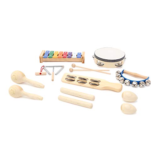 MUSICUBE 13 Pcs Kids Wooden Percussion Musical Instrument Set,Xylophone Maracas Egg Shaker Tambourine Triangle Instrument for Kids Toddler Toys