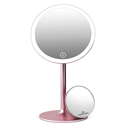 Kostlich Kosmetikspiegel mit Beleuchtung - LED Make-up-Spiegel mit 3 Lichtfarben, Dimmbarer Helligkeit, Wiederaufladbar - 360° Schwenkbar Schminkspiegel mit Kleinem 10X Vergrößerung Spiegel Cover
