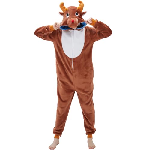 WEQJC Adult Onesie Pajamas Halloween Costume One-Piece Slim Fit Sleepwear Cosplay Suit for Mens Womens(Coffee Reindeer Large)