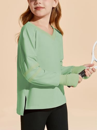 Image of Haloumoning Girls Oversized Long Sleeve T Shirts Kids Casual V Neck Cute Tops Basic Tees with Thumb Holes 4-14Y