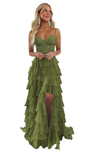 Lace Tiered Prom Dress with Slit 2025 Ruffle Sweetheart Spaghetti Strap Chiffon Formal Evening Dress