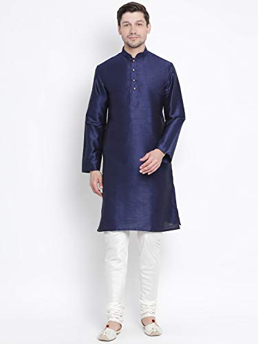 Image of VASTRAMAY VM Mens Silk Blend Kurta Pyjama Set - Classic Ethnic Attire for Timeless Style and Cultural Celebrations | Soft Comfortable Solid Full Sleeves Kurta and Churidar Pyjama Set