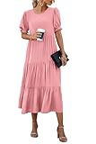 PRETTYGARDEN Summer Dresses for Women 2025 Casual Floral Boho Midi Sun Dress Puff Short Sleeve Flowy Beach Vacation Sundress (Solid Grey Pink,Small)