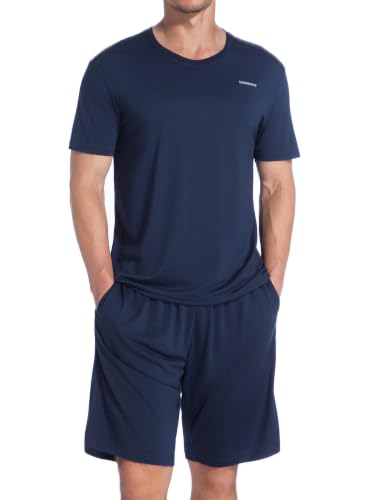Image of SlumberMee Mens Cooling Pajamas Set Soft Bamboo-like Viscose Short Sleeve Sleepwear 2 Piece Lounge Set for Hot Sleepers