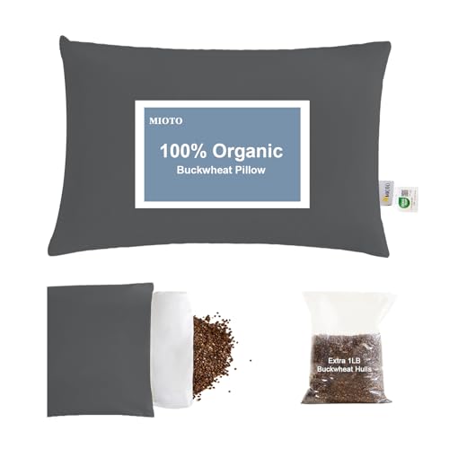MIOTO Organic Buckwheat Pillow for Sleeping with Dual-Layer Pillowcase and Extra Tartary Buckwheat Hulls, Adjust Height and Firmness, Neck Support Pillow for Back and Side Sleepers 20x26, Dark Grey