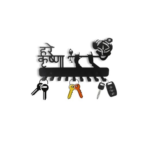 Image of Metal Lord Krishna with Flute Key Holder | Decorative Wall-Mounted Key Rack & Organizer for Entryway, Hallway, Kitchen | Sturdy Hanger for Keys & Accessories (26x16 cm, 9 Hooks)