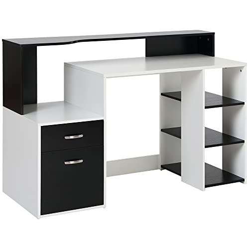 HOMCOM Bureau Informatique avec 2 tiroirs, Bureau avec Rangement, 137 x 55 x 92 cm, étagères Ouvertes et Tablette d'imprimante, Style Moderne, Table d'ordinateur pour Chambre, Studio, Noir et Blanc