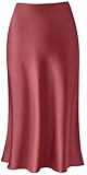 Soowalaoo Womens Skirt Midi Long Length Silk Satin High Waisted Elastic Casual Trendy Summer Skirts Coffee XL