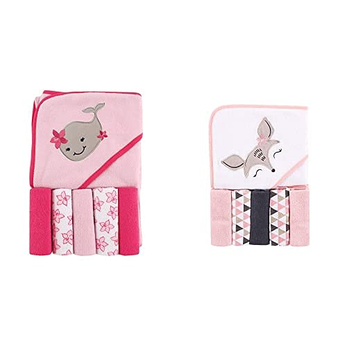 Image of Luvable Friends Girl Hooded Towel with Five Washcloths 2-Pack, Girly Whale Deer