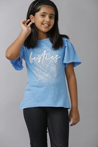 Image of Girls Cotton Tops Collection - Round Neck, Crop Top, Full & Half Sleeve, Drop Shoulder, Ruffle Sleeve, Graphic Printed, Embroidered & Slub Knit Styles, Soft Breathable Fabric for Kids Casual Wear