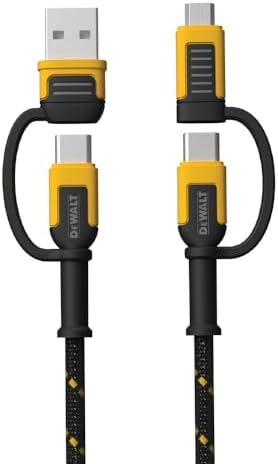 DEWALT 4-in-1 Cable, Type C/Micro USB/USB Cable for iPhone 15, iPad Charger Cable USB C, Huawei, HTC, LG, Samsung Galaxy, Android Smartphones, iPad Pro, Micro C Charging Cable (6ft, Black)