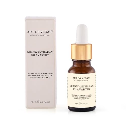 Art of Vedas Dhanwantharam 101 Avarthy 15 ml – Aceite de masaje ayurvédico tradicional | 101 veces fórmula de aceite de hierbas según Ayurveda | Para abhyanga, autosuficiencia y rituales de bienestar