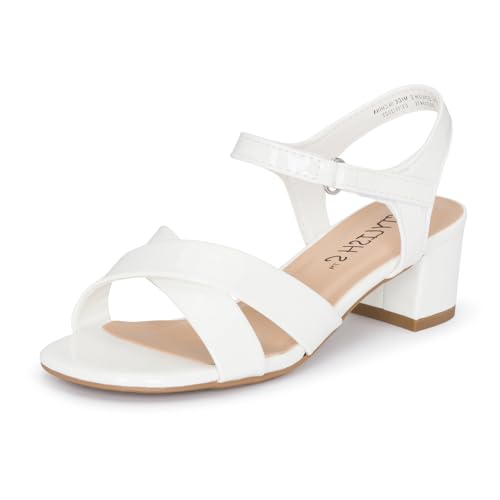 Image of STYLISH S KHLOE-K Little Girls Round Open Toe Criss Cross Ankle Hook and Loop Strap Low Block Heel Dress Sandals