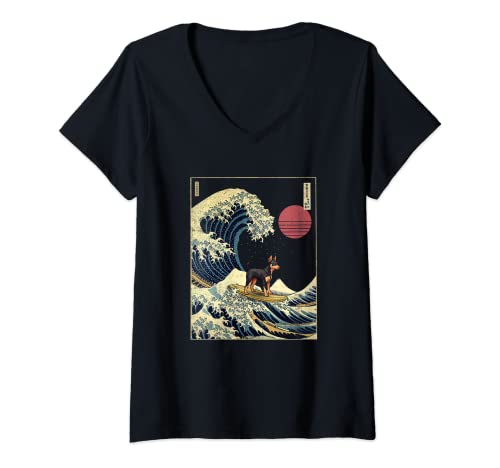 Damen Manchester Terrier Japanischer Kanagawa Wave Funny Surf Dog T-Shirt mit V-Ausschnitt