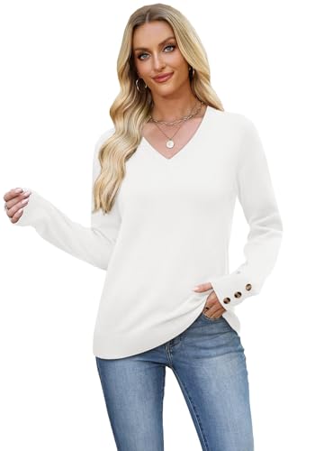 Image of WIHOLL Lightweight Sweaters for Women Long Sleeve V Neck Knit Outfits with Decorative Buttons
