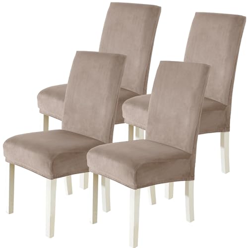 CYCMACO Stuhlhussen Samt 4er Set, Stretch Stuhlüberzieher, Stuhlbezug Schwingstuhl, Hussen Für Stühle Hochlehner, Stuhlbezüge Kratzfest, Universal Chair Cover Waschbarer, Khaki