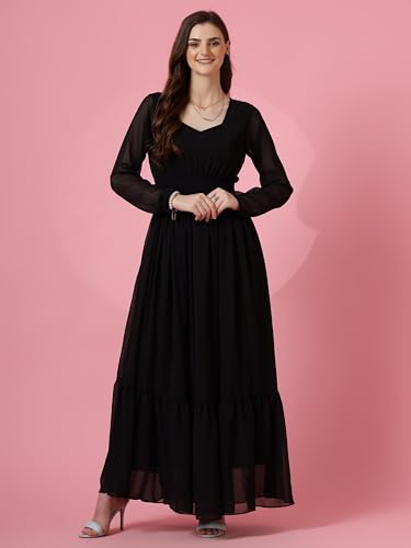 Image of Sheetal Associates Women's Fit and Flare Solid Georgette Regular Sleeves Casual Dress