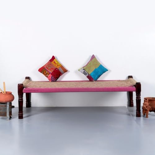 Image of Solid Sheesham Wood Charpai Khat | Handcrafted Daybed Khatiya Charpai with Cotton Rope | Traditional Khat Bed Wooden Diwan Cot for Living Room | 6X3 Feet | Beige and Pink