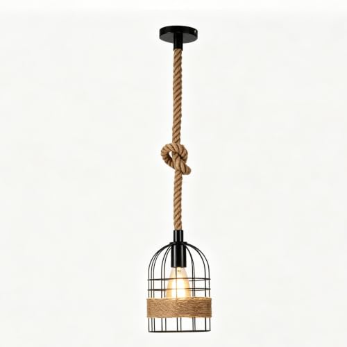 Lámpara de techo industrial con madera noble y jaula estilo farol