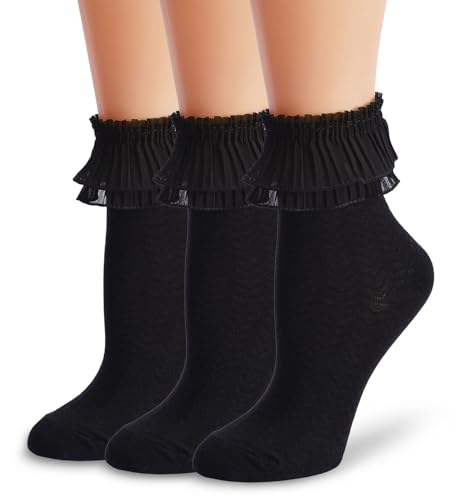 Image of Women Ruffle Ankle Socks, Lace Socks Cute Frilly Cotton Socks Girl Princess Socks 3 Pairs