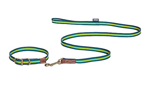 Danish Design FatFace Bold Stripe Blue and Yellow Woven Genuine Leather Trim Metal Buckle Dog/Puppy Collar Large 25mm 120 cm - Image 3