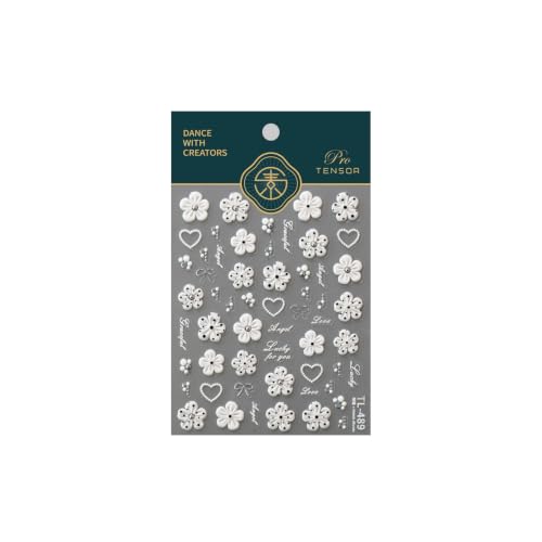 Image of White Flower Nail Stickers 5D Embossed Nail Stickers Decals | with Polka Dot Design Self Adheive Nails Art Supplies Charms for Women Manicure DIY Decoration
