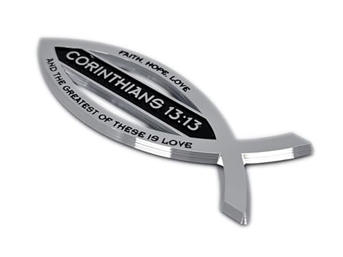 Image of Elektroplate Christian Fish Corinthians 13:13 with Verse OEM Chrome Emblem for Cars, Trucks, and All Auto | Universal Fit at 4 inch x 1.4 inch | Weatherproof
