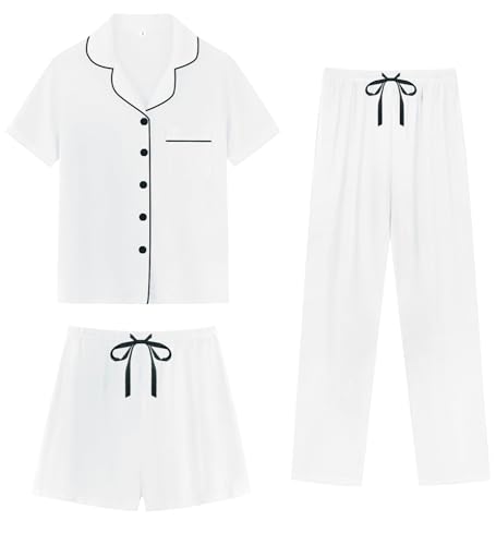 Image of SWOMOG Womens 3pcs Button Down Pajamas Set Short Sleeve Sleepwear Bride Pj Lounge Set with Long Pants