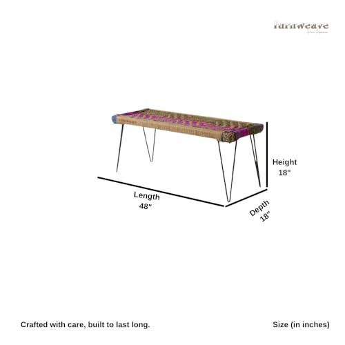 Image of Noora Metal Bench for Seating with Sturdy Iron Legs | Stylish Bench for Living Room, Balcony & Garden | Traditional Patio for Outdoor and Indoor with Chindi and Jute Rope | Multicolored