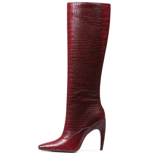 femflame Knee High Boots for Women Wide Calf Long Boots Suede Square Toe Pull On Stiletto Heel Tall Boots