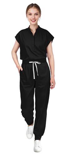 Eadflie Scrubs for Women Set - with Sleeveless Stand-Up Collar Scrub Top & Jogger Scrub Pants, Cool Stretch, Comfortable & Breathable Nurse Uniform, 8-Pocket Design - [Black/L]