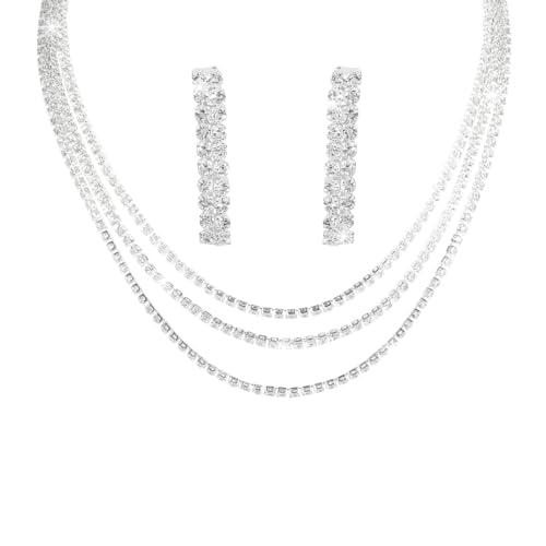 Auriselle Joyas strass novias, conjunto joyas novia de 2 piezas, diseño de líneas para novias, collar y pendientes strass brillantes boda, collares mujeres y niñas, plata