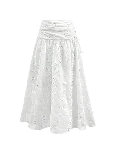 GORGLITTER Women's Lace Flowy Maxi Skirt Embroidery Eyelet Tiered A Line Long Skirt Boho Casual Skirts