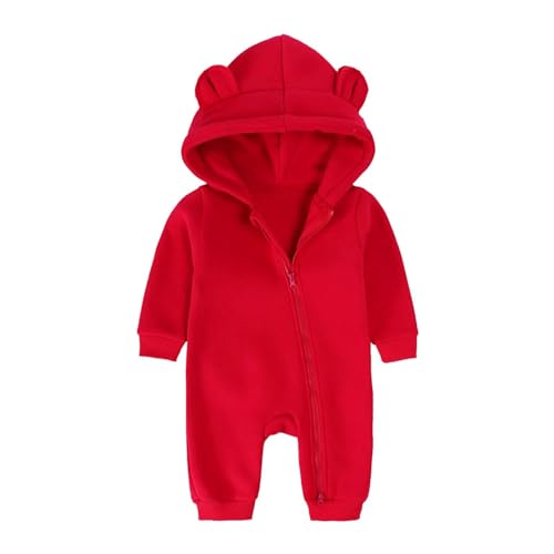 Newborn Baby Warm Footie Snowsuit Winter Onesi𝐞 Cartoon Bear Warm Hooded Outfits Teddy Bear Onesi𝐞 (Red, 12-18 Months)