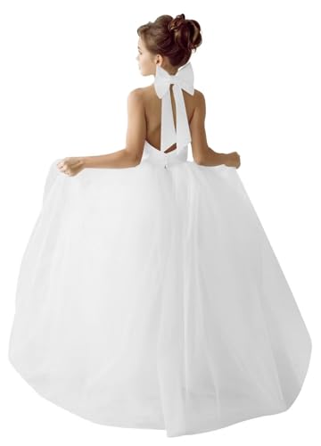 Flower Girls Satin Tulle Princess Pageant Dress for Wedding Halter Pearls Prom Ball Gowns with Bow-Knot