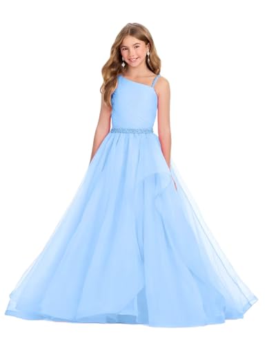 One Shoulder Pageant Dresses for Girls Tulle Beaded Flower Girl Dress Long Junior Kids Party Ball Gown