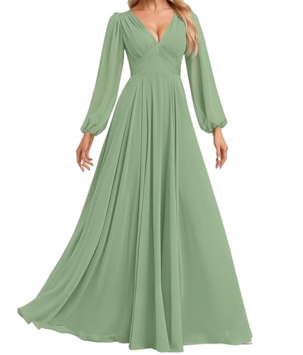 Women's Bridesmaid Dress V-Neck Long Lantern Sleeves Ruched Bust Floor Length Chiffon Formal Dresses3