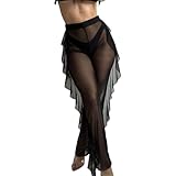 BIGFOX Women's Summer Sheer Mesh Pants, See Through Ruffle Trousers for Swimsuit Coverups, Slacks, Vacation, Stripper Outfit (US, Alpha, Medium, Regular, Regular, Black)