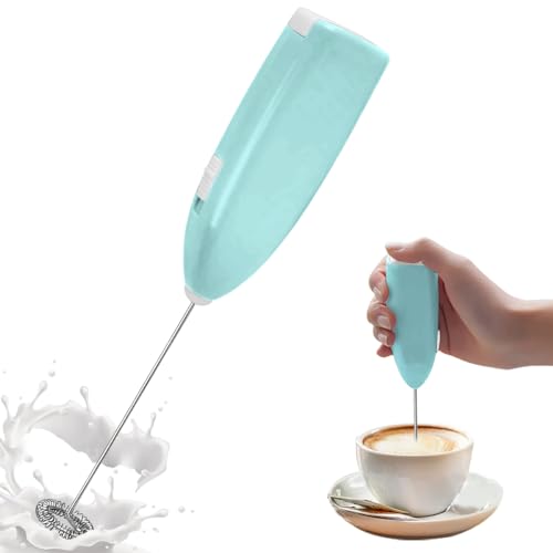 NIUAWASA Espumador de leche manual, cafetera de espuma con mezclador manual de acero inoxidable para leche y capuchino, chocolate caliente, huevos y batidos, alimentado por batería (azul)