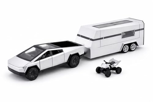 Image of Tesla Cybertruck with RV Trailer and ATV 1:36 Scale Die-Cast Metal Car Model Set - Openable Doors Pull-Back Alloy Collectible Toy