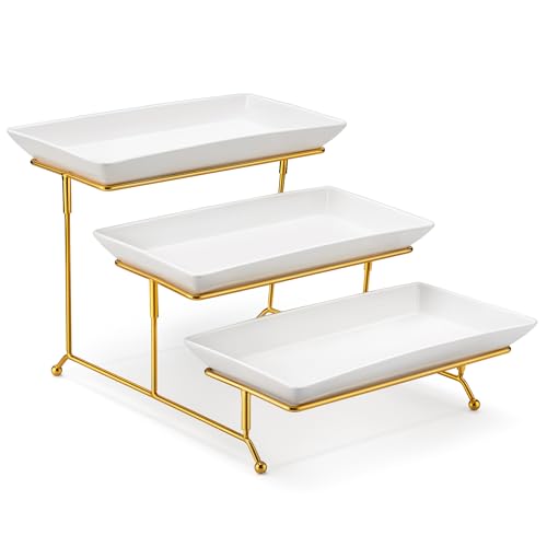 MALACASA 3 Tier Serving Trays for Party, 12 Inch Porcelain White Trays for Serving Food, Dessert Stand with Collapsible Gold Metal Rack