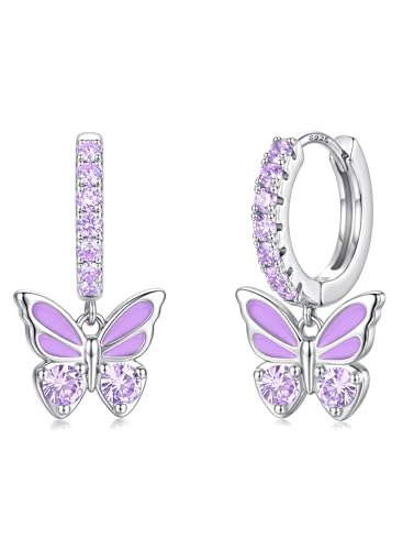 FIOROYAL Boucles d'Oreilles Femme Pendantes Hypoallergéniques Boucles d'Oreilles Femme Argent Papillon Creole Argent Zirconium Cubique Violet/Rose/Bleu Bijoux...
