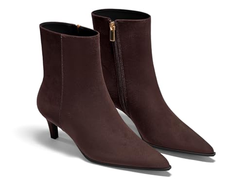 Coutgo Ankle Boots for Women Kitten Low Heel Pointed Toe Booties Side Zipper Fall Shoes, Chocolate Suede, Size 9.5