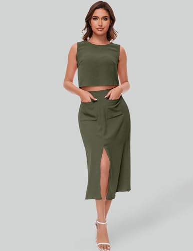 ROYLAMP Women's Summer 2 Piece Outfits Round Neck Crop Top and Split Long Skirt Elegant Casual Matching Set with Pockets4