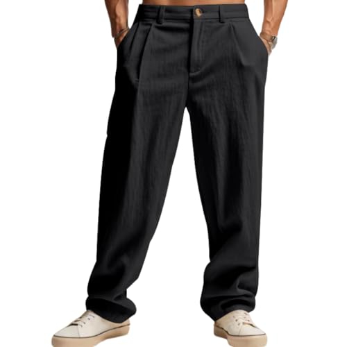 Casual Linen Pants for Men Loose Fit Elastic Waist Pant Straight Legs Beach Yoga Fall Trousers with Pockets