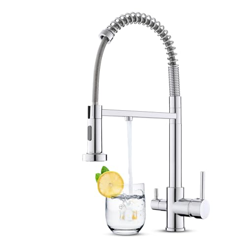 KEOKBON 3 Wege Wasserhahn Küche mit Filter Mischbatterie, 360° Drehbar Küchenarmatur aus Messing und Edelstahl 304, Drei Wege Mischbatterie, Trinkwasserhahn mit 2 Hebel, 3 in 1 Spültischarmatur, Chrom