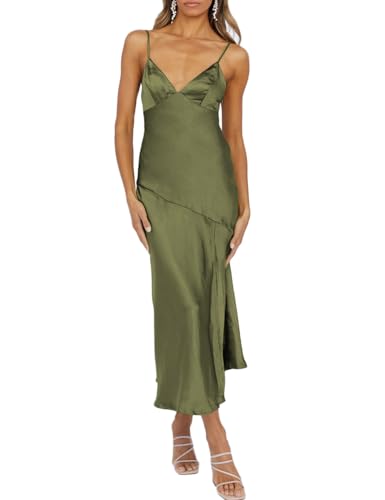 Image of Summer Satin V Neck Silp Midi Dress for Women Wedding Guest 2026 Sexy Spaghetti Strap Backless Long Dresses with Slit