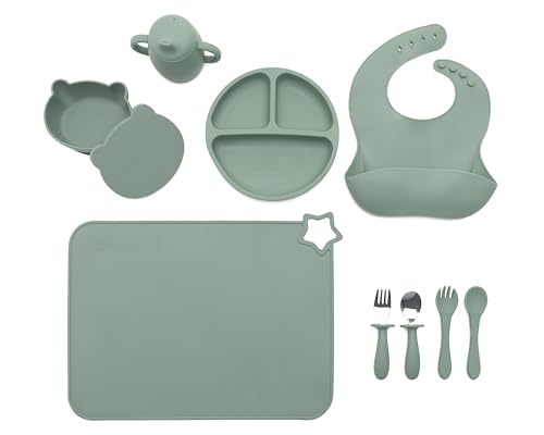 Image of Food-grade Silicone Baby Feeding Set – 10 Pieces | BPA-Free | Includes Plate, Bowl, Sippy cup, 2 Spoons, 2Forks & Bib | Non-Slip, Microwave & Dishwasher Safe – Green