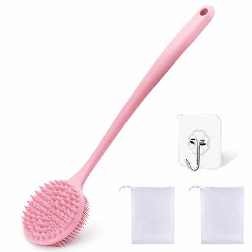 Image of Silicone Body Scrubber for Shower Men Women - Dual-Sided Exfoliating & Massage Shower Brush with Long Handle, Creates Rich Lather, Includes 1 Hook & 2 Lather Balls (Pink).