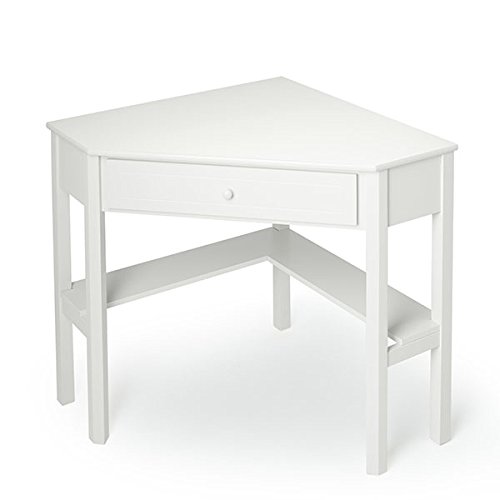 This Classically Styled Desk utilizes a Small Space for a Big Impact, with Stylish Under-Desk Shelving and a Drawer to Hide Clutter. Simple Living Wood Corner Computer Desk (1, Antique White) - Thumbnail 5